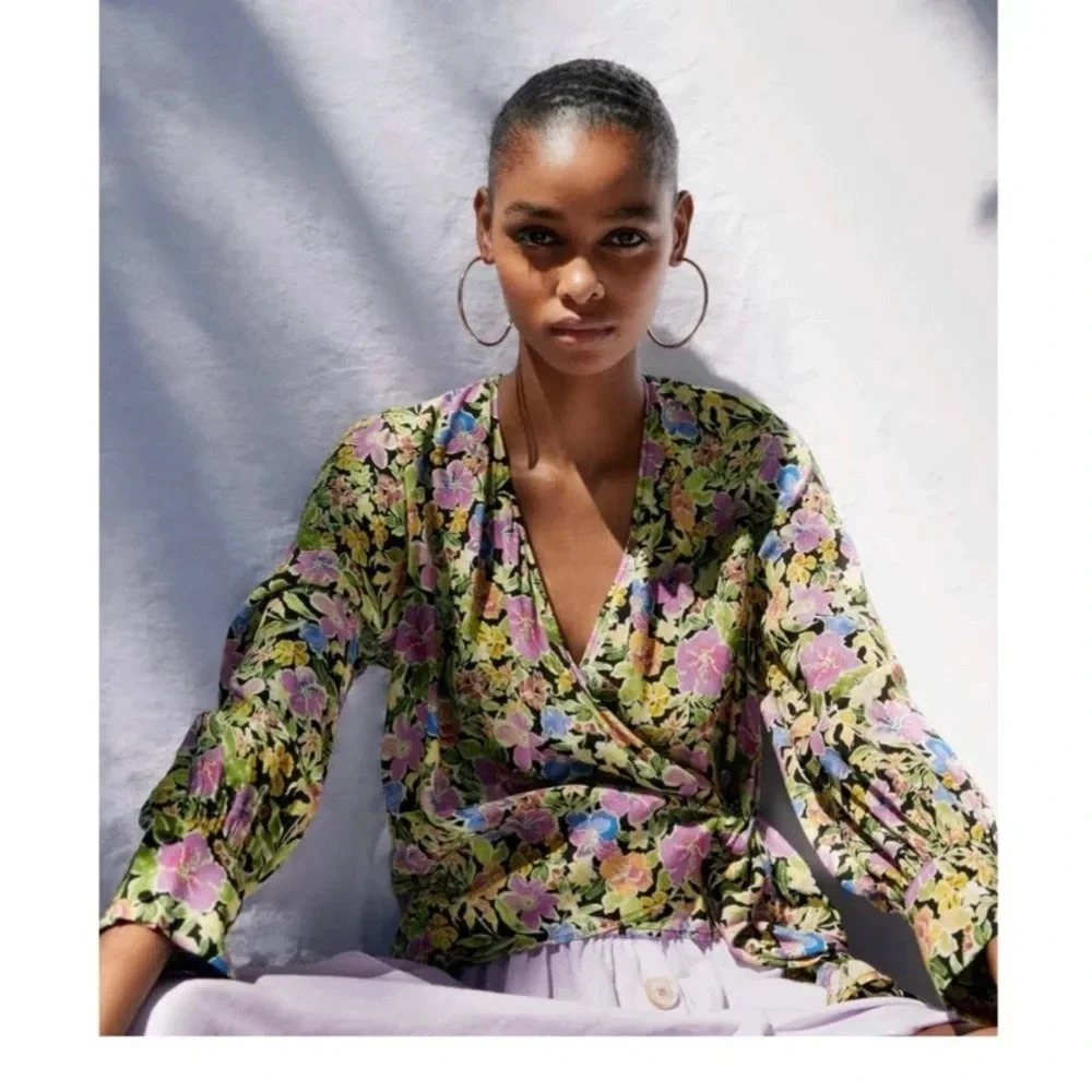 Zara Floral Wrap Blouse in Green, Pink, Purple